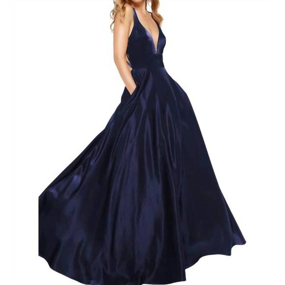 NEW ALYCE PARIS v-neck satin long dress in navy